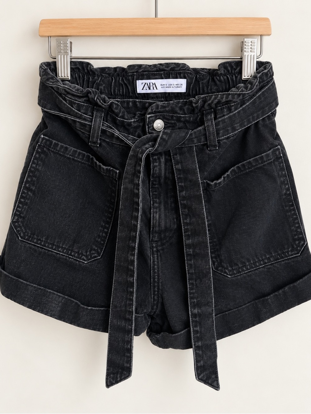 Zara Black High-Waist Paperbag Shorts with Tie Belt
